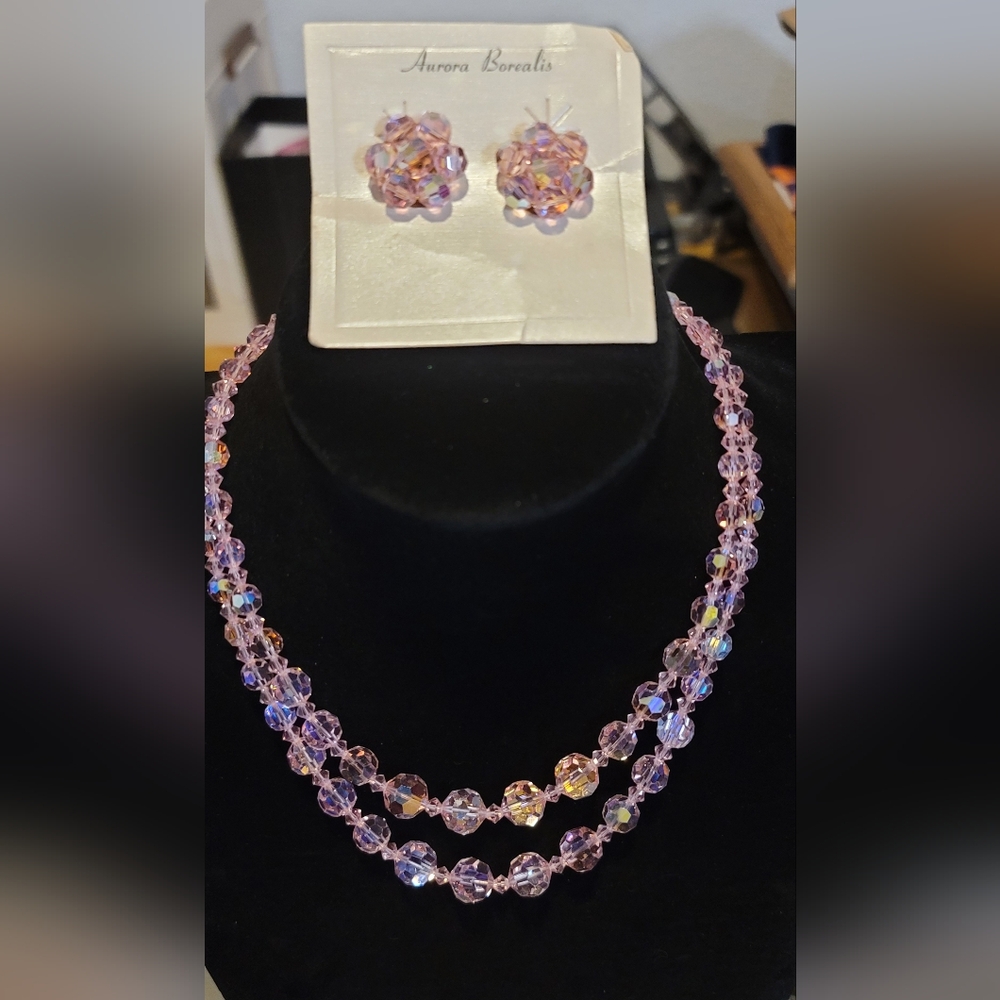Vintage 1950's Austrian Aurora Borealis Crystal Necklace and Earrings - Picture 5 of 7